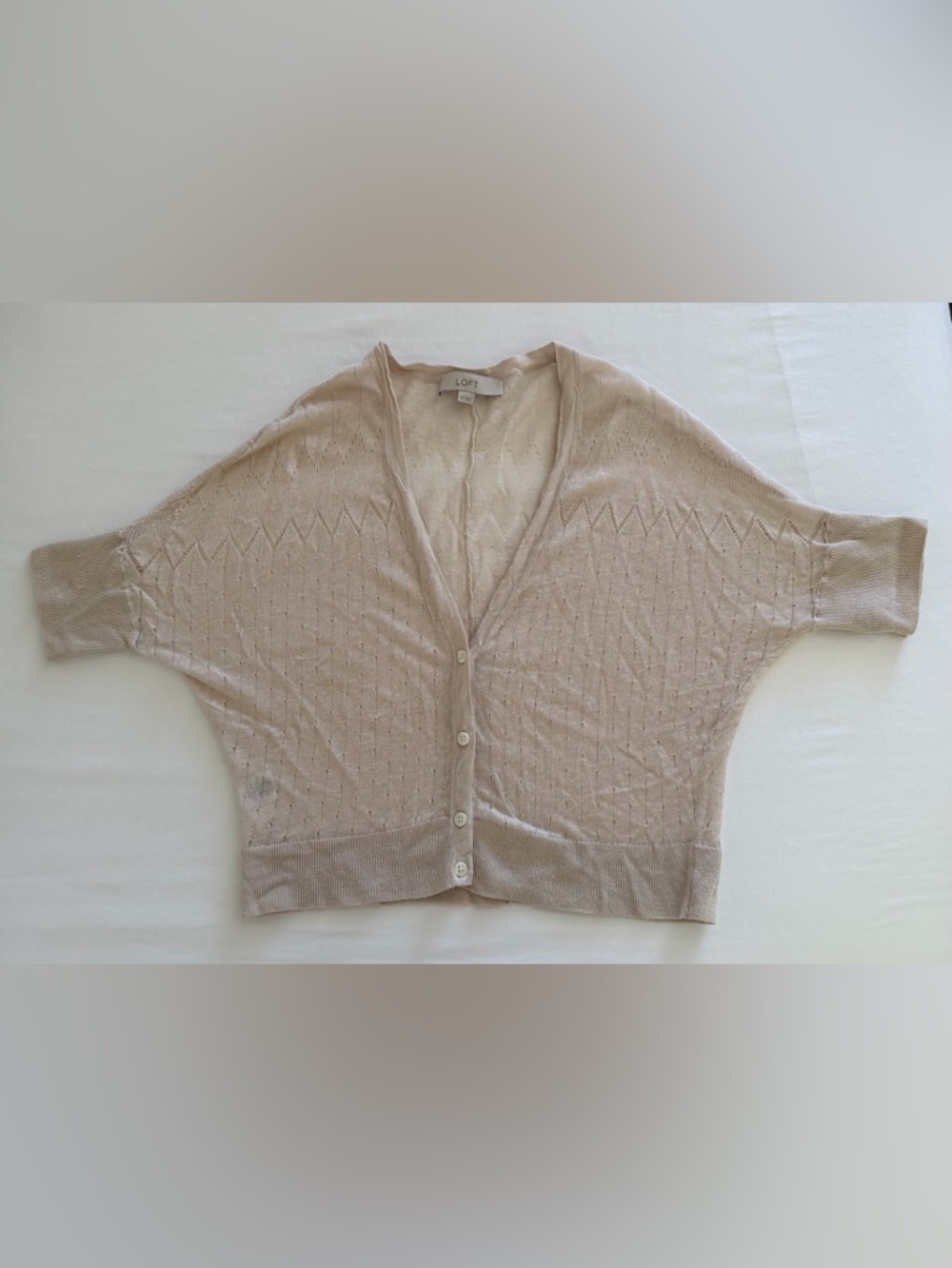 LOFT Beige Cropped Button-Front Open Knit Cardigan